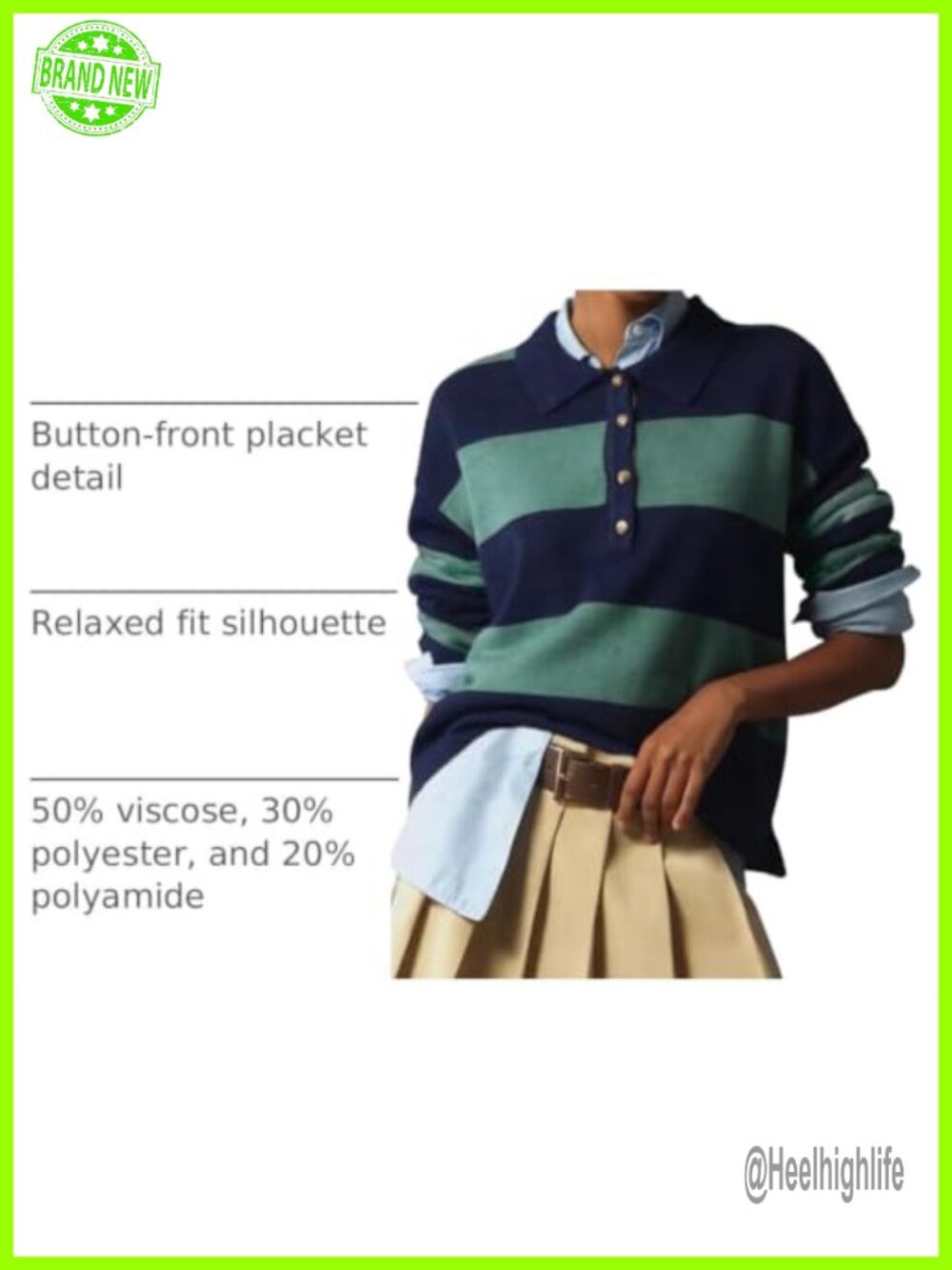 Striped Rugby Polo Sweater Collared V-Neck Button Front Pullover - Picture 3 of 6